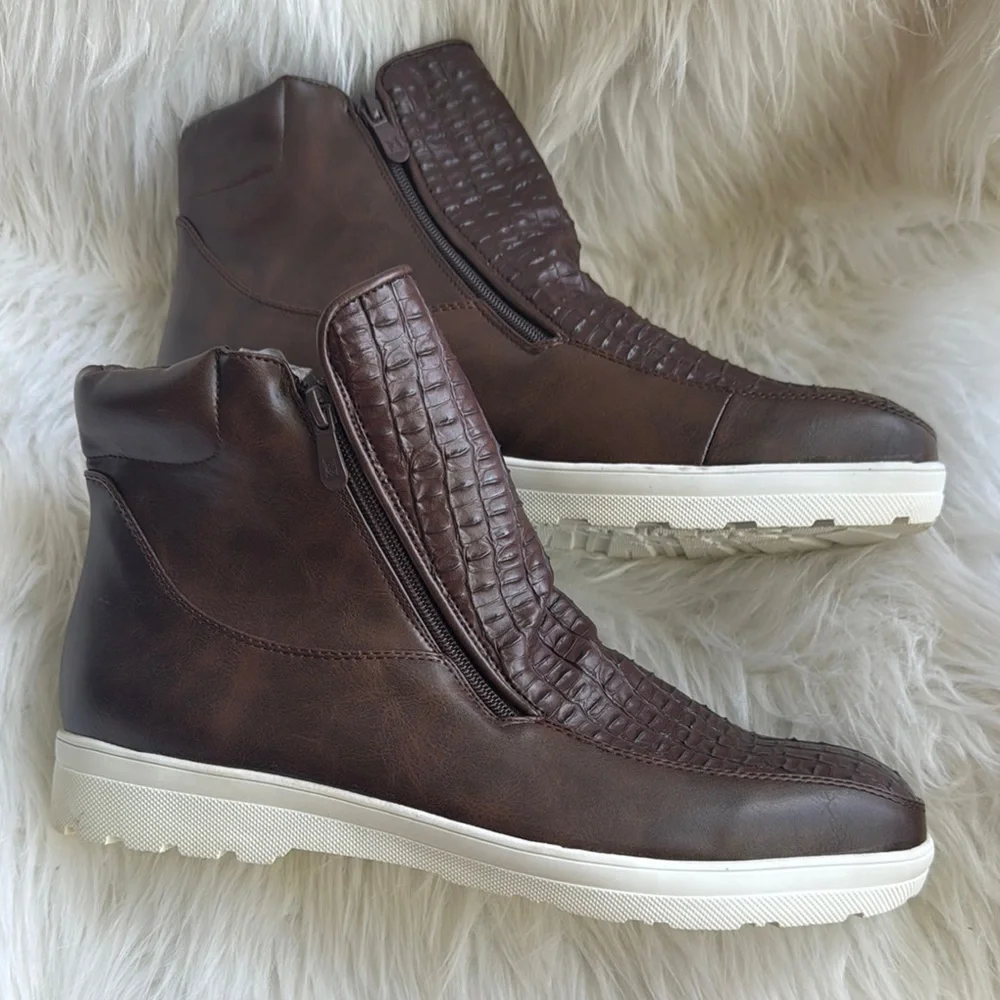 Men’s Brown Crocodile Embossed Leather Look Ankle Boots with Side Zippers Sz 12 - Picture 4 of 6